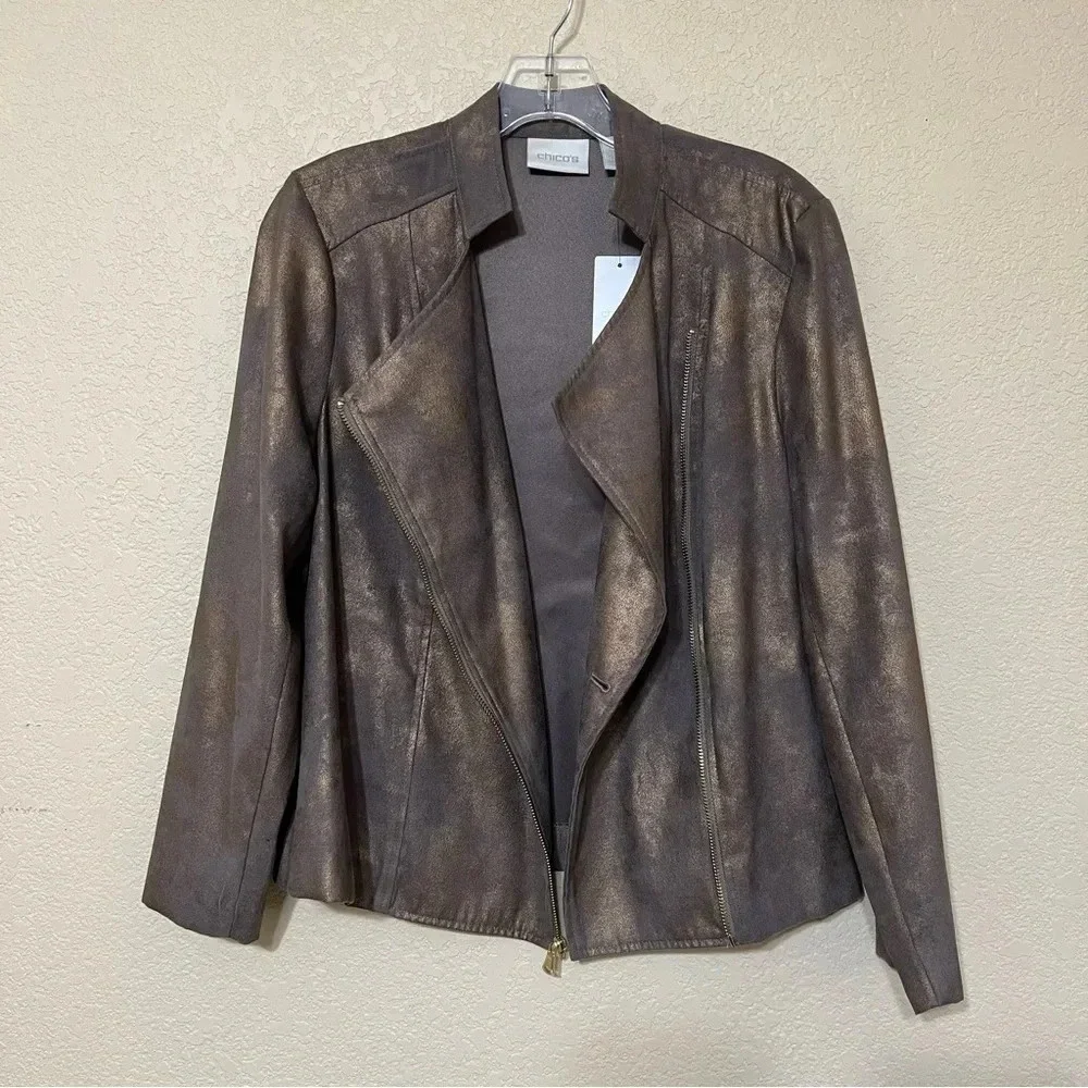 Chico’s Faux Suede Moto Jacket Bronze Metallic Open Front - Picture 8 of 10